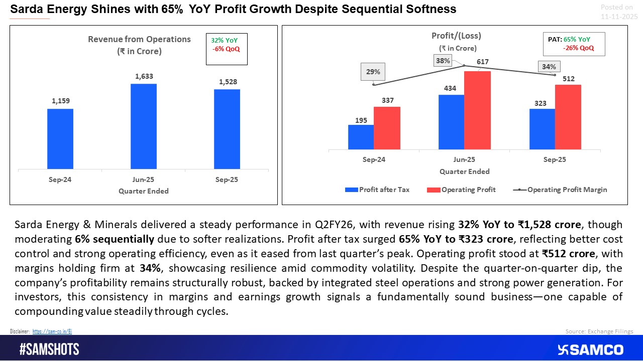 Sarda Energy showcased resilient profitability with 65% YoY PAT growth, stable margins, and strong operational efficiency despite a mild sequential dip.